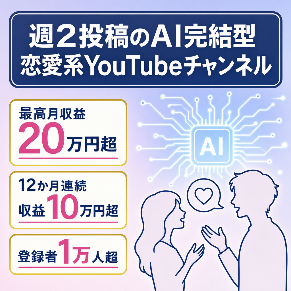 【週2投稿で最高月20万超／登録者1万人超】AI完結型の恋愛系YouTubeチャンネル