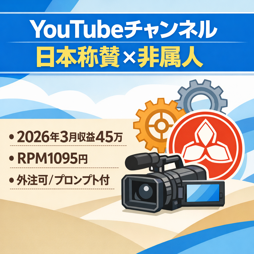 【2026年3月収益45万、平均月30万】Youtubeチャンネル　差別化した日本称賛×非属人｜登録5000人｜外注可、プロンプト譲渡｜サポートあり｜即運営OK、値下げ歓迎