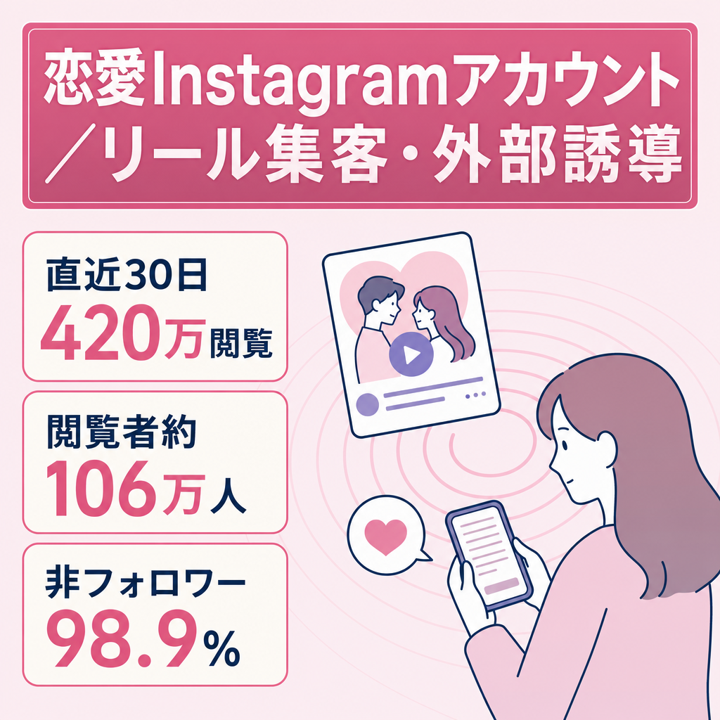 【月間420万閲覧・非フォロワー98.9%】恋愛Instagram｜リール集客・外部誘導あり