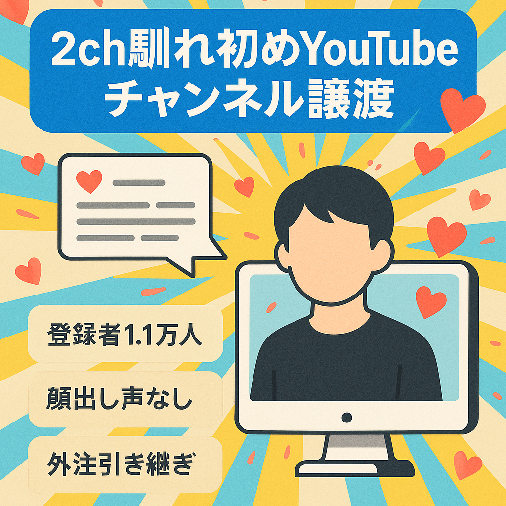 【最高売上月41万・顔出し声出し不要】登録者1.1万越えの2ch馴れ初めYouTube チャンネルの譲渡【現在も投稿中！・外注引継ぎ可】