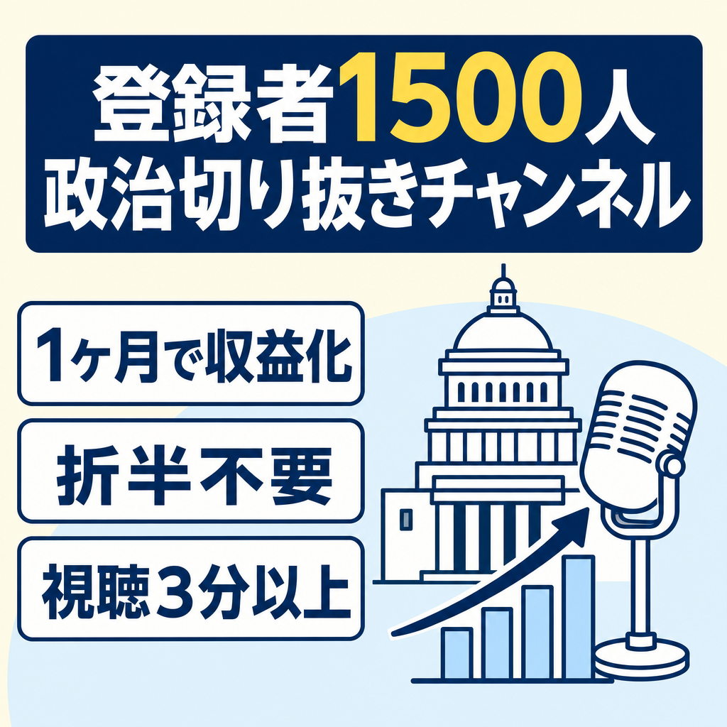 【１ヶ月で収益化達成】今後の選挙用に！保守系政党政治系切り抜きチャンネル！長尺動画で広告単価も高め、登録者1500人!切り抜き動画のフォーマットもお渡しします！