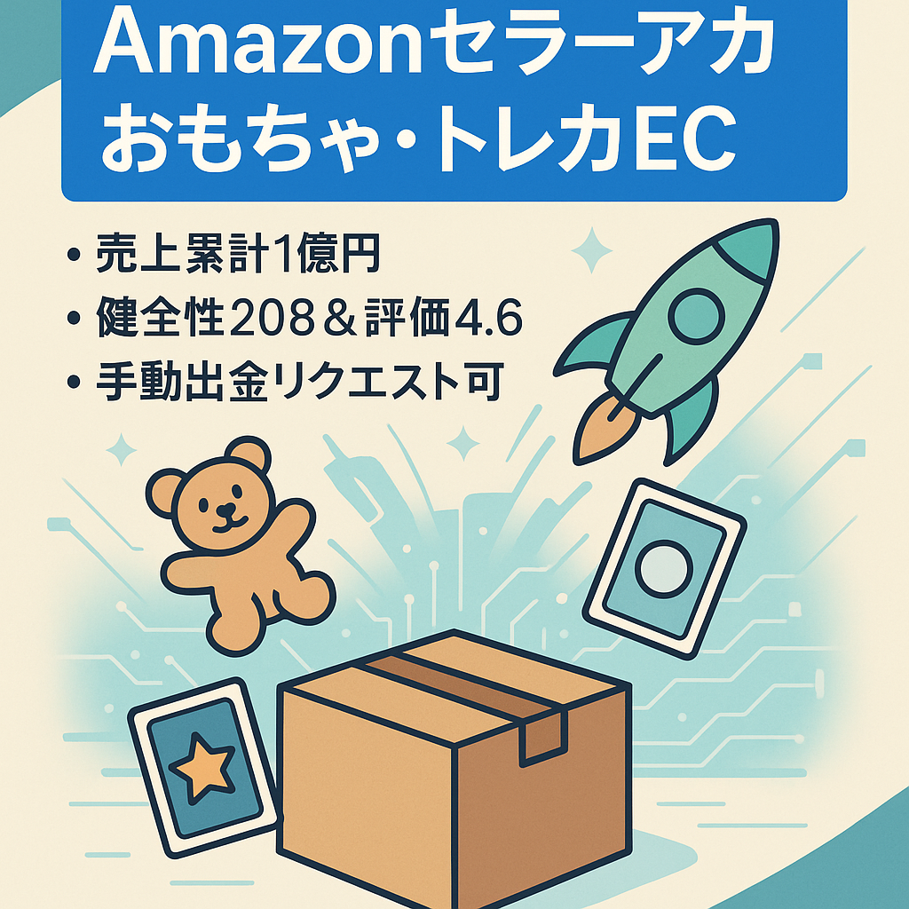 EC事業：Amazonセラーアカウント 2018年4月から運用 出金リクエスト可能 健全性208・評価109☆4.6 おもちゃ、玩具、トレカなど 総売上約1億円