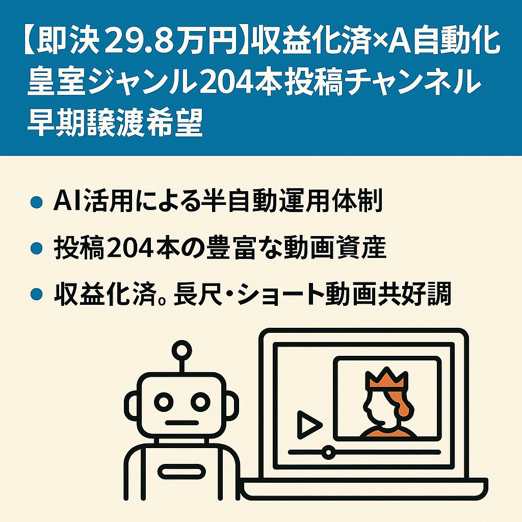 【即決29.8万円】収益化済×AI自動化｜皇室ジャンル204本投稿チャンネル｜早期譲渡希望
