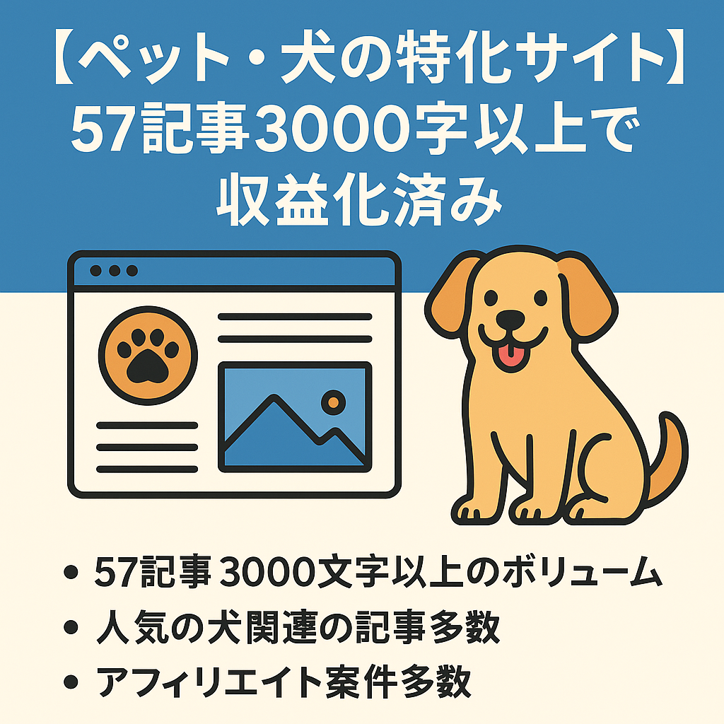 【ペット・犬の特化サイト】57記事3000字以上のボリュームで収益化済み