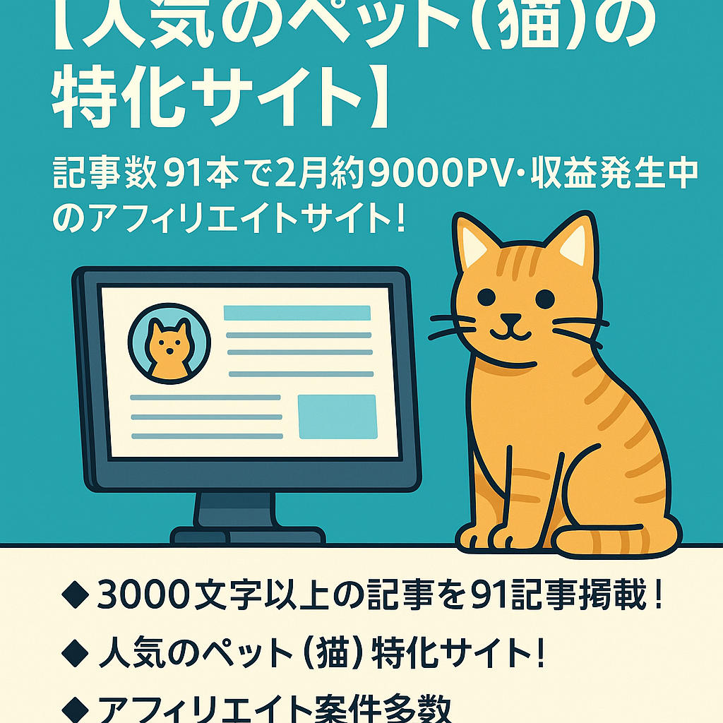 【人気のペット(猫)の特化サイト】記事数91本で2月約9000PV・収益発生中のアフィリエイトサイト！