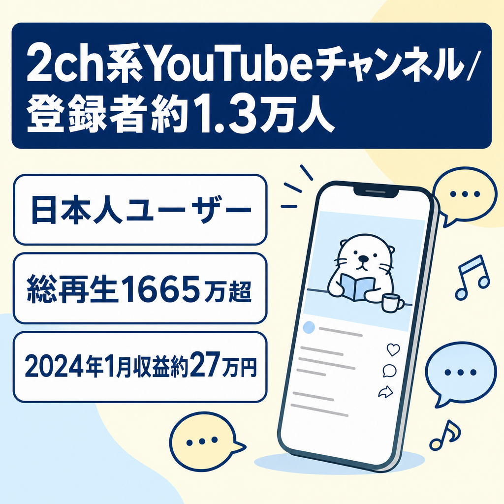 【収益化済！日本人リアルユーザー】登録者約1.3万人！2024年1月に最高月収約27万円！2ch系YouTubeショート動画チャンネル