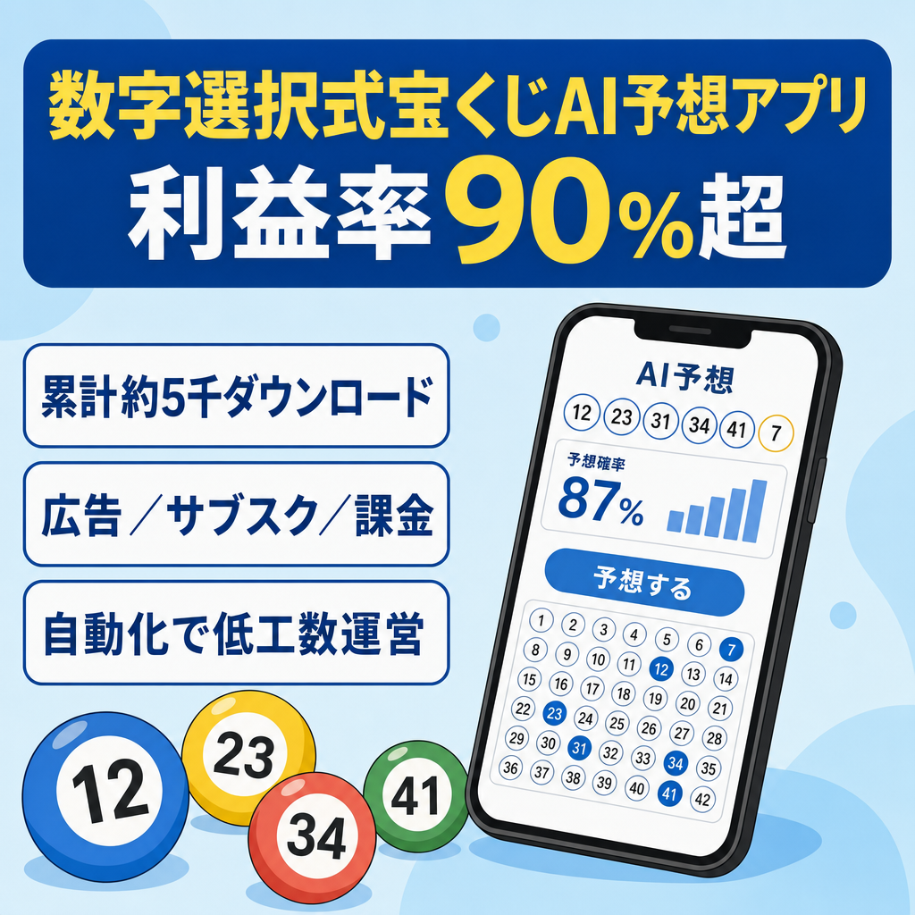 【iOS/Android両対応】数字選択式宝くじAI予想アプリ｜最高月利2.8万円・利益率90％超／サーバー代実質0円／広告・サブスク・課金の3本柱