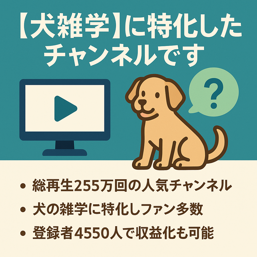 総再生回数255万回、チャンネル登録者数4550人、犬雑学に特化したチャンネルです。