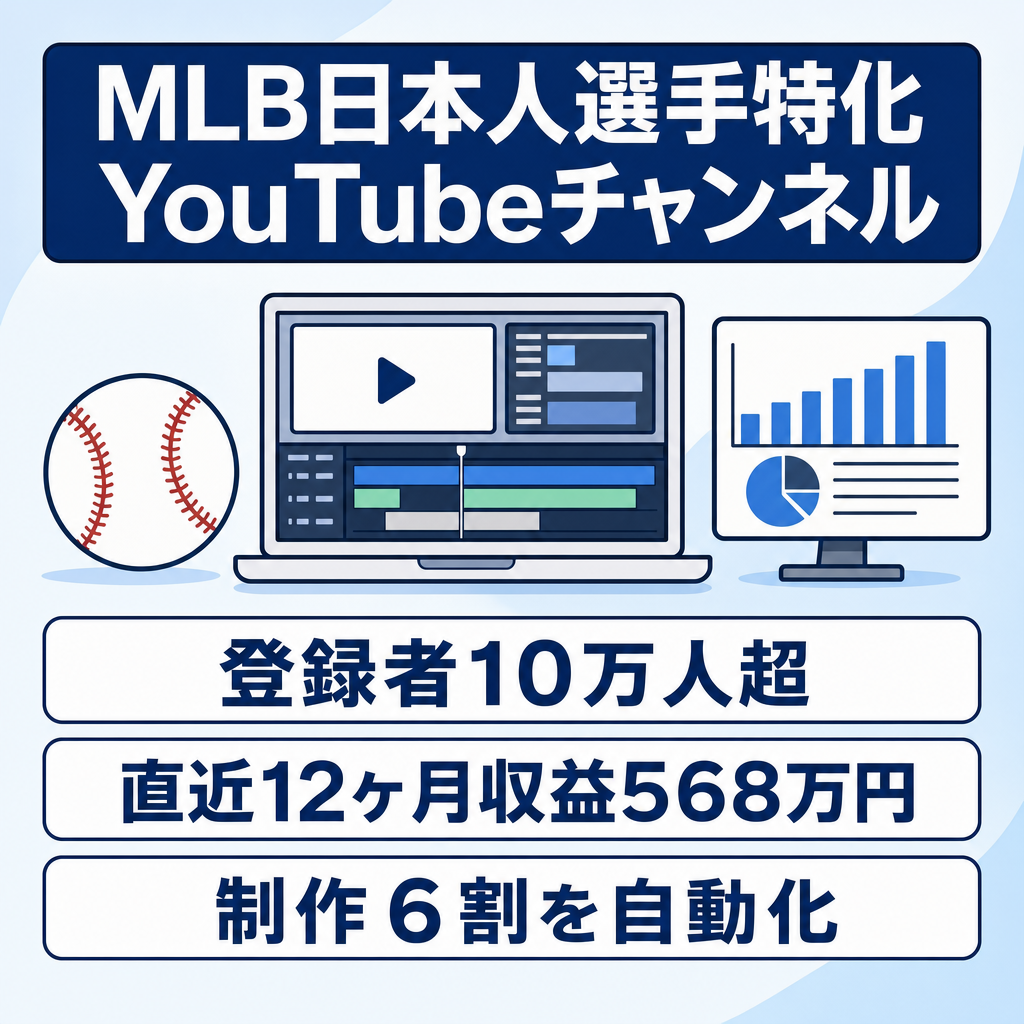 【直近12ヶ月収益568万円】登録者10万人超・MLB日本人選手特化YouTube｜外注なし／制作6割自動化