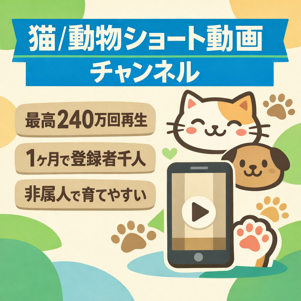 【最高240万回再生の実績】登録者1,340人・猫と動物の癒やし系ショート動画特化チャンネル
