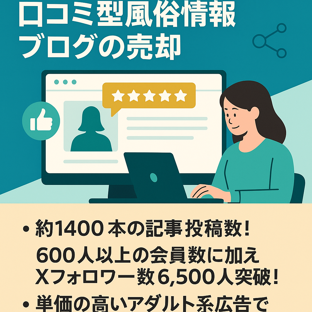 【月間20万PV！会員数600人！】【Xフォロワー数6500人突破！】専門知識一切不要！初心者でも安心して運営できる口コミ型風俗情報共有ブログの販売です！