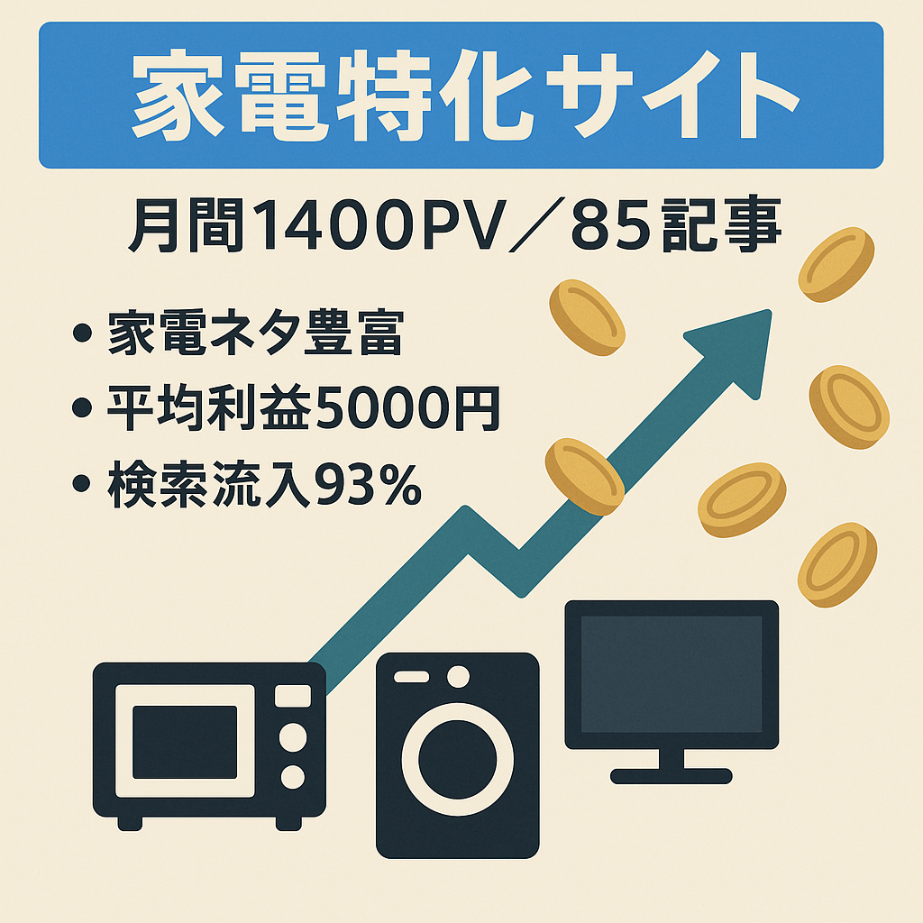 【月間平均1400PVの家電特化サイト】口コミと比較記事だけで毎月平均5千円の利益発生中！【記事数85記事】