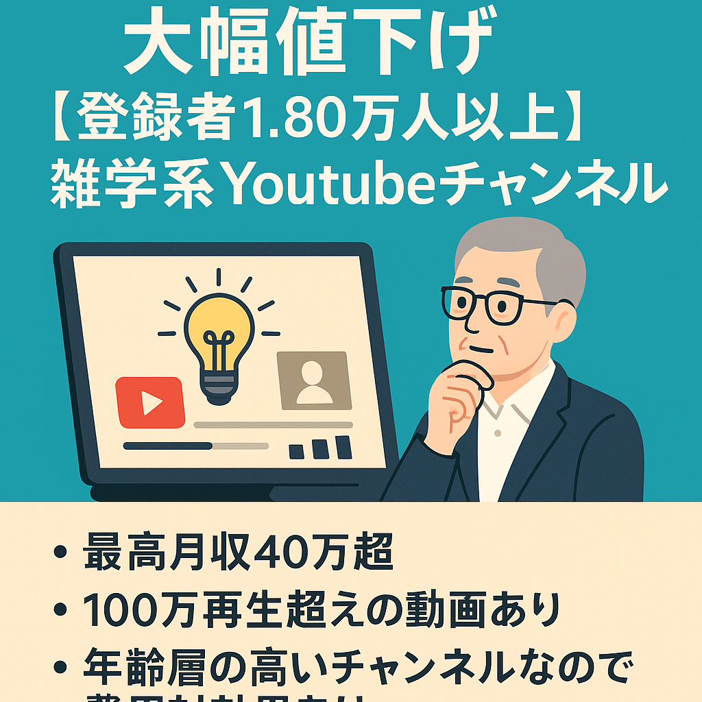 訳あり：大幅値下げ【登録者1.80万人以上】雑学系Youtubeチャンネル高年齢層でアフィリエイト収益も期待できる