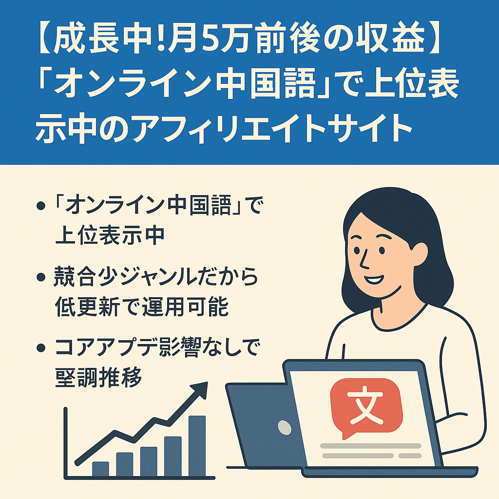 【成長中！月5万前後の収益】『オンライン中国語』で上位表示中のアフィリエイトサイト｜競合少×比較KWで多数上位！【最終値下げ】