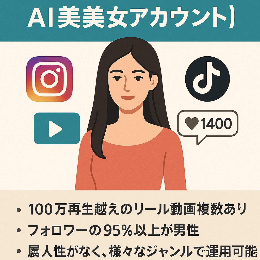 【インスタ＆TikTok AI美女アカセット販売】｜総フォロワー1.4万人｜100万再生動画複数あり｜