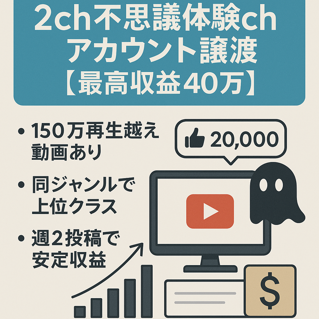 最終値下げ｜即決優先【最高収益40万】2ch不思議体験chのアカウント譲渡【登録者20,000人超え】