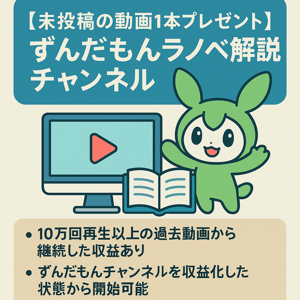 【未投稿の動画1本プレゼント】 ずんだもんラノベ解説チャンネル　※10万回再生以上の過去動画から継続した収益あり 【10万再生･20万再生多数】