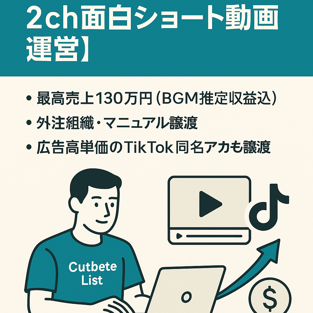 【値下】【高利益率のフル外注】2ch面白ショートYoutube＋TikTokの2本柱（広告＋BGM原盤＋BGM著作権のトリプル収益源）【最高売上130万 推定込】基本コピペ1日3時間運営可