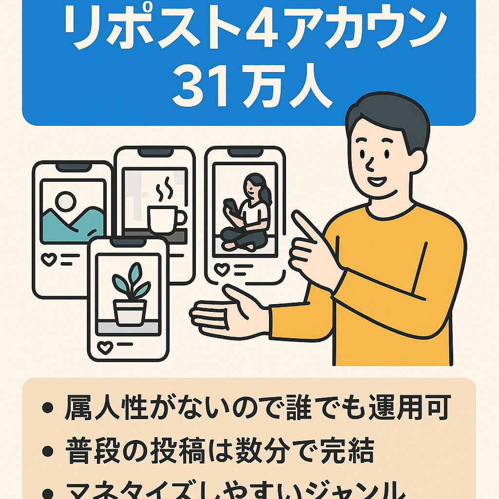 上半期月平均70万円超え！ライフスタイル系リポスト：4アカウントセット 31万人