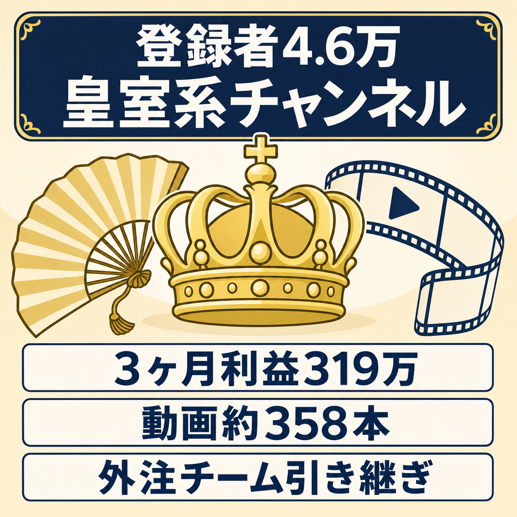 【登録者4.6万越え】3ヶ月累計利益319万！／購入後2週間サポートあり／皇室系・エンタメ系外注チーム引き継ぎ可能チャンネル