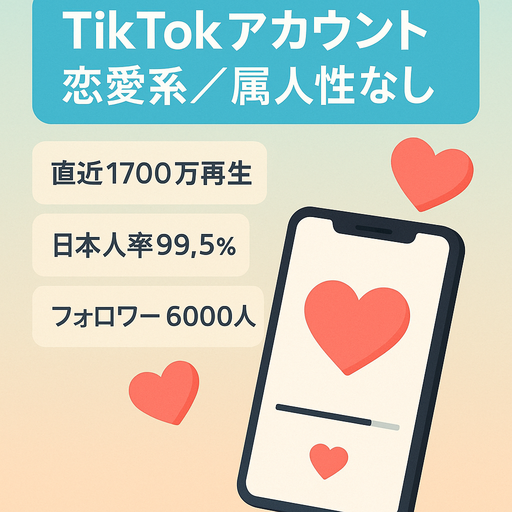 【TikTok フォロワー6000人】属人性なし、恋愛系アカ、直近2ヶ月で1700万回再生、日本人フォロワー率99.5%