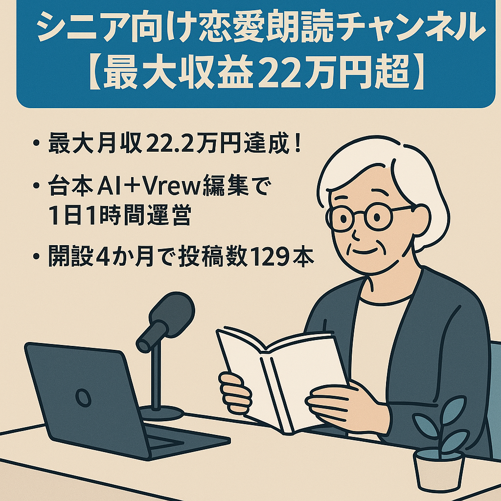 ★価格交渉可！60万円即決【最大収益22万円超】　急成長×高単価×1日1時間／シニア向け恋愛朗読チャンネル／再現製◎／属人性ゼロ・AI×Vrew構成
