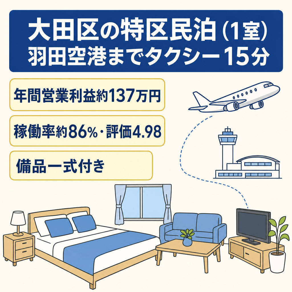 【民泊】羽田空港15分｜稼働率86%・評価4.98・スーパーホストの大田区特区民泊（1室）