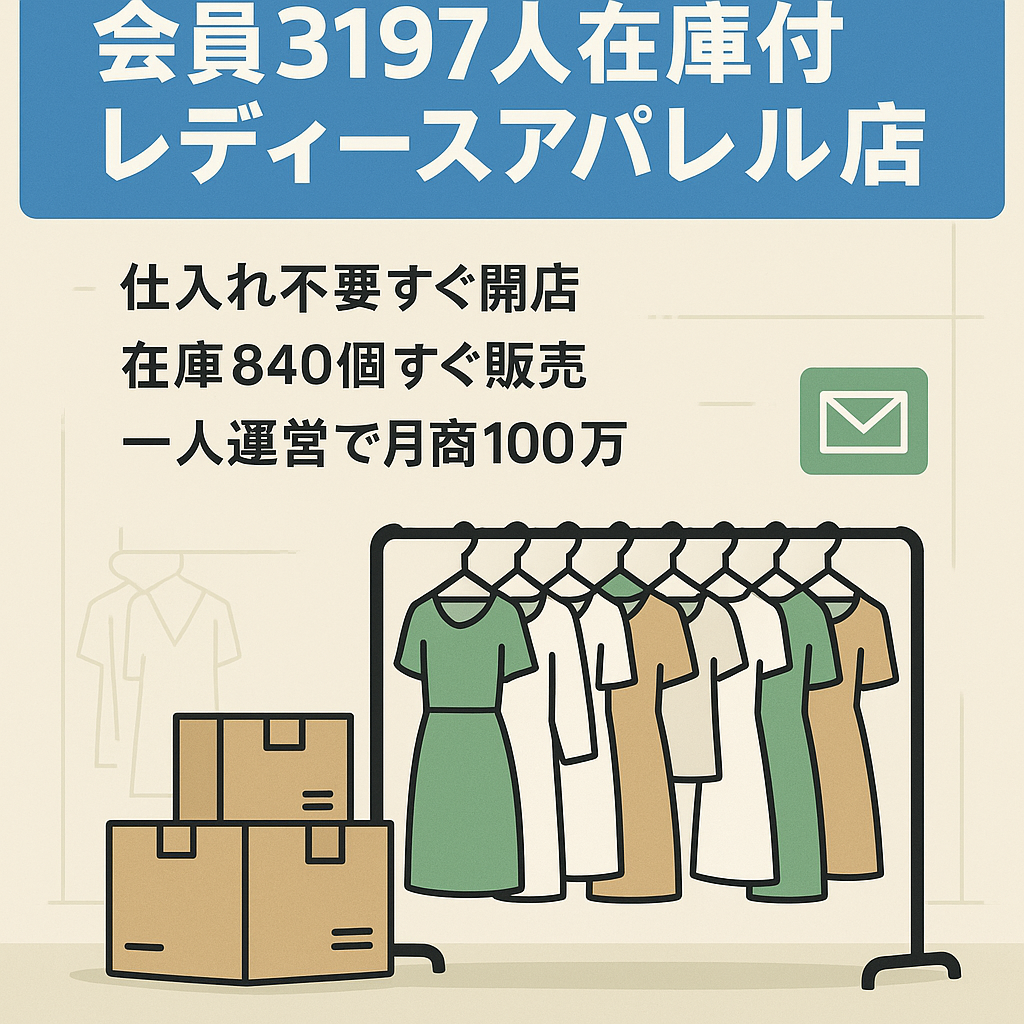 【SHOP会員数3197人】在庫840個(売価ベース300万円分)付きで初回仕入れ無しで即運営スタート可！レディースアパレルショップ