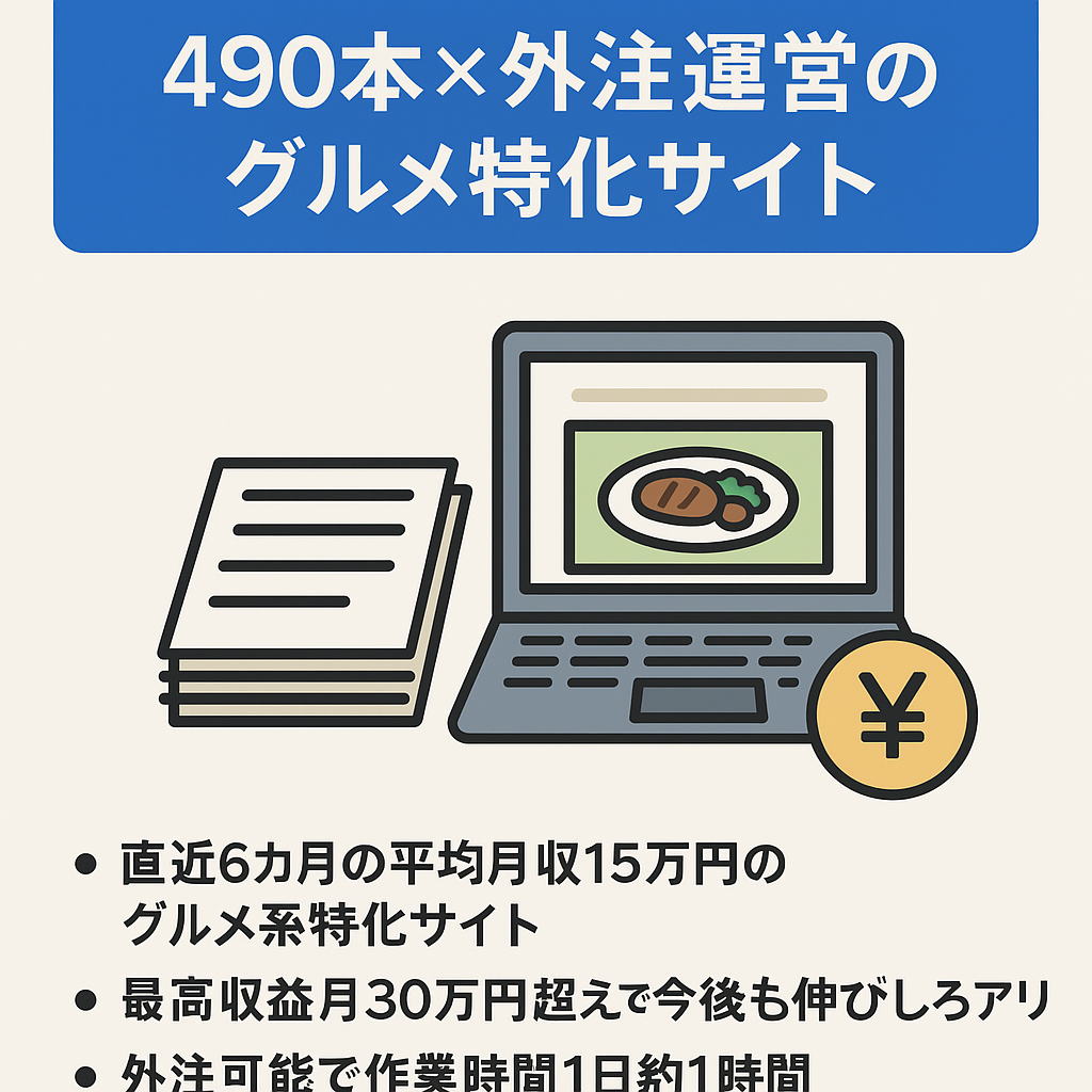 【資産性◎】記事数490本×外注運営×安定収益｜最高月収30万円のグルメ特化サイト！平均月収15万円／外注マニュアル付
