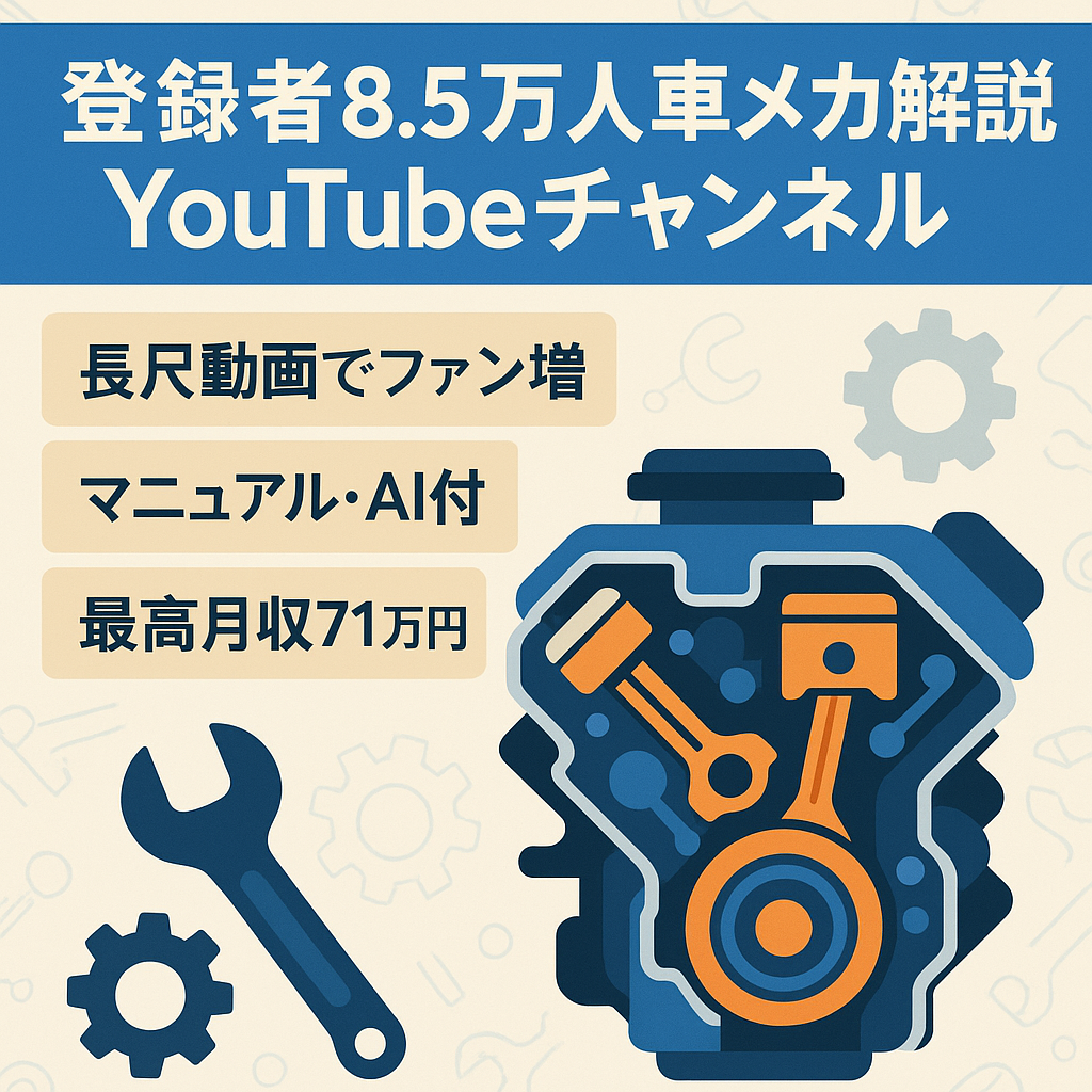 【登録者8.5万人超】車メカニズムの解説ch｜過去最高月収71万円・マニュアル完備で即運営可能な高収益案件