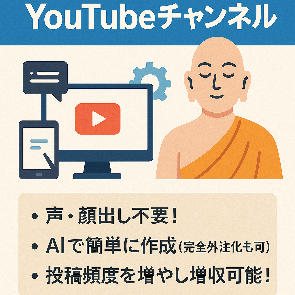 収益化済み仏教×自己啓発系YouTubeチャンネル。AIツールで楽に動画作成（完全外注化も可能）。 投稿頻度UPで更なる収益も狙えます！