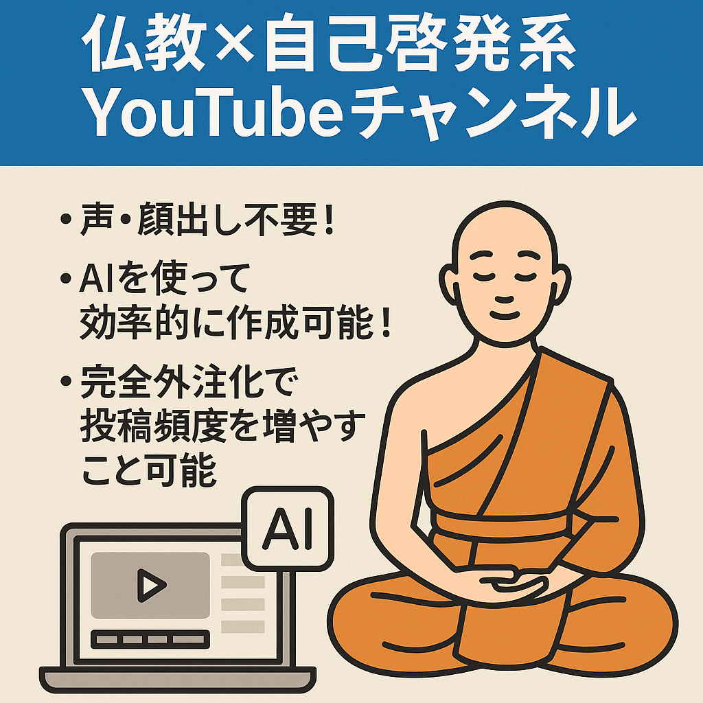収益化済み仏教×自己啓発系YouTubeチャンネル。AIツールで楽に動画作成（完全外注化も可能）。 投稿頻度UPで更なる収益も狙えます！