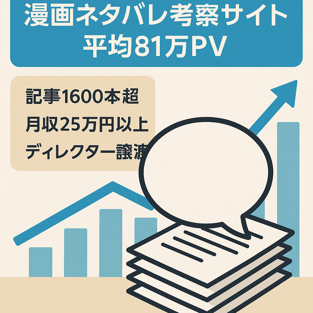 【1/9まで】漫画ネタバレ考察サイト【直近6ヶ月平均81万PV／月収25万円以上／1600記事以上／ディレクター1名＋ライター譲渡】