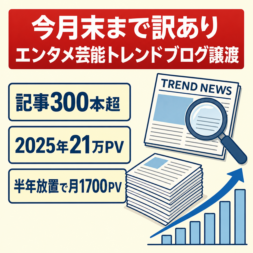 【訳あり・今月末まで】SEO流入実績あり｜ネタ選定・記事構成が学べるエンタメ・芸能系トレンドブログ譲渡