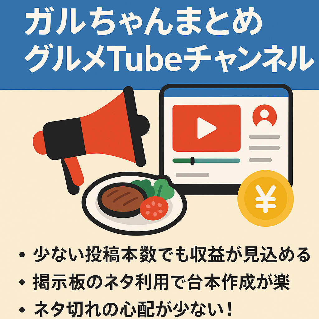 【収益化済・登録者8100人・RPM800円超】人気のガルちゃんまとめグルメYouTubeチャンネルのアカウント譲渡【値段交渉歓迎】