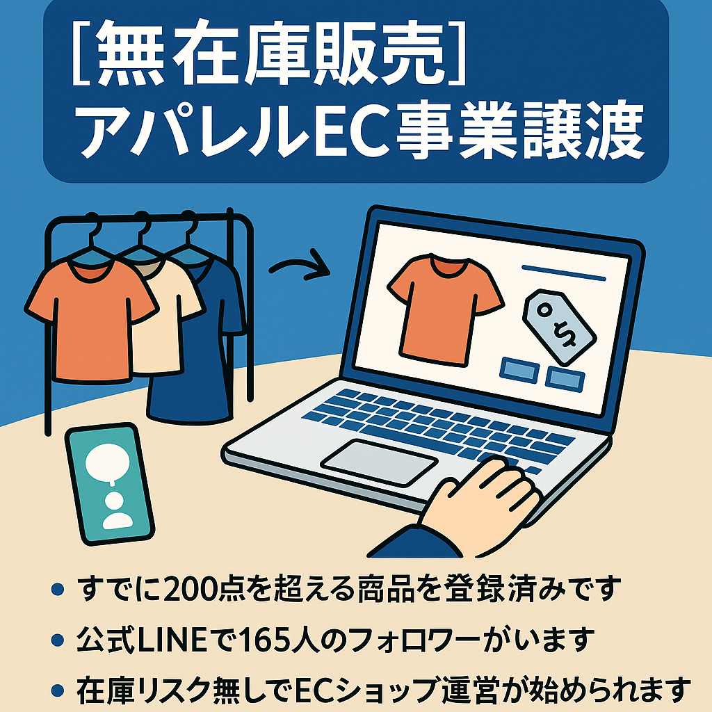 ＜無在庫販売＞アパレルEC事業譲渡 リスクなしでのECショップ運営。1人での運営も可能です。