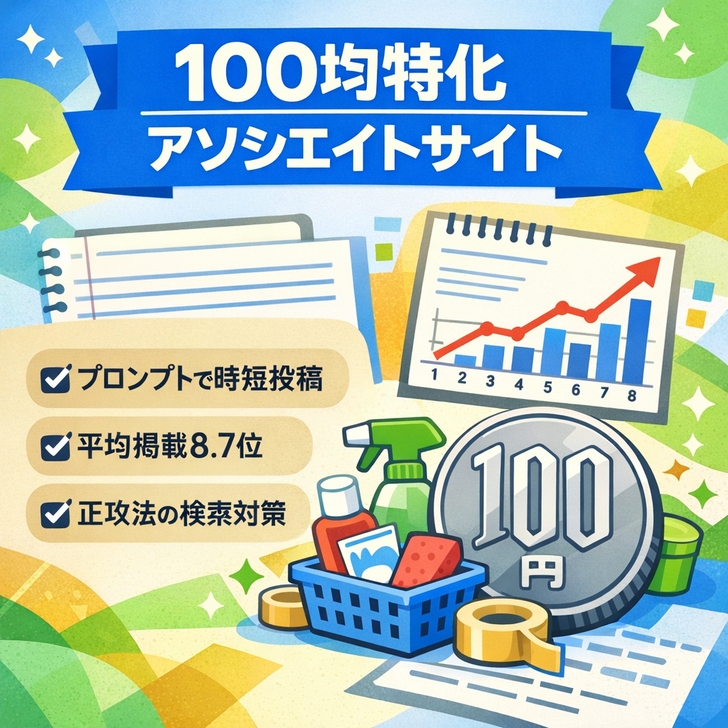 【専用プロンプト付・SEO集客】100均商品に特化したAmazonアソシエイトサイト！平均掲載順位8.7位