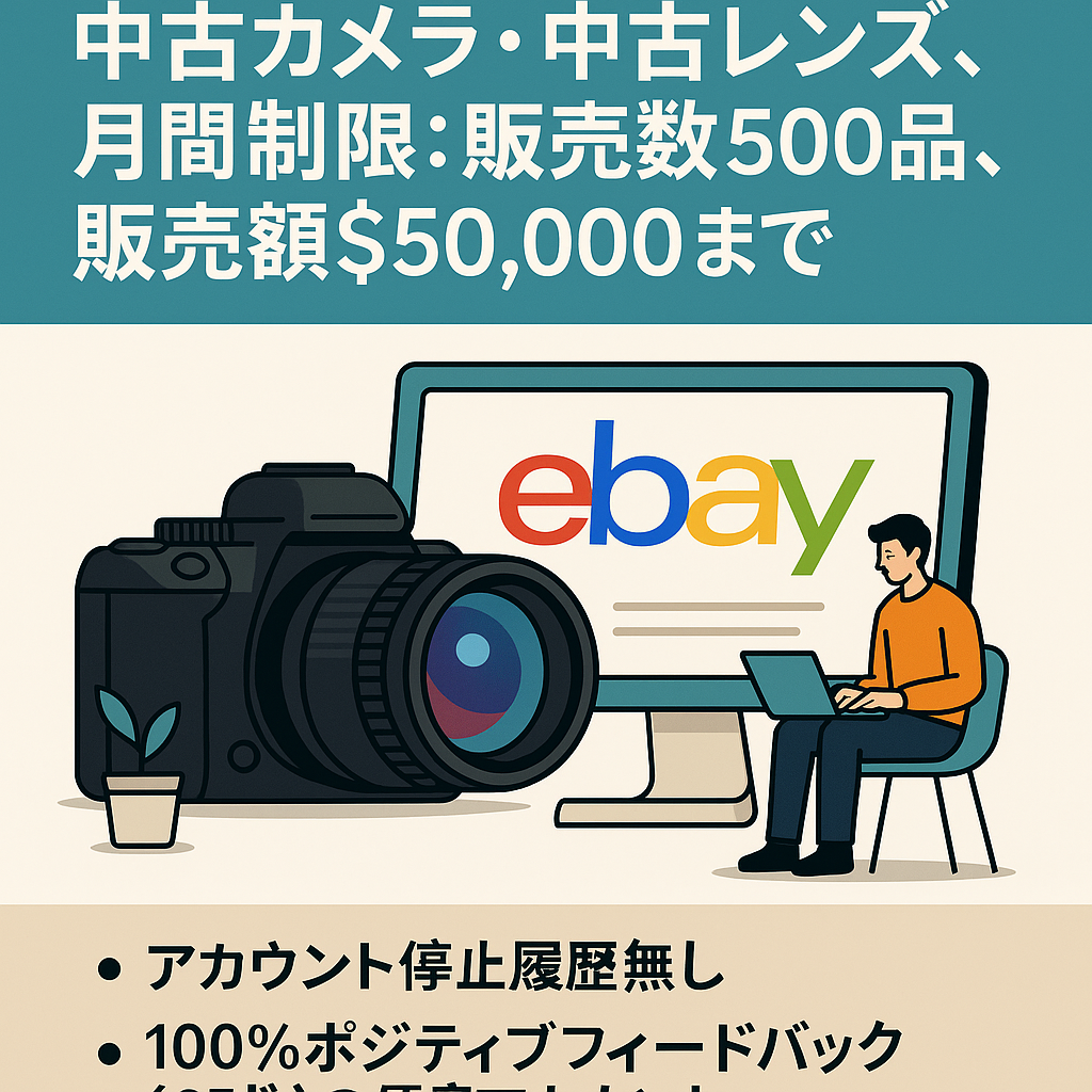 【EC事業譲渡（ebay運用）】中古カメラ・中古レンズ、月間制限：販売数500品、販売額＄50,000 まで