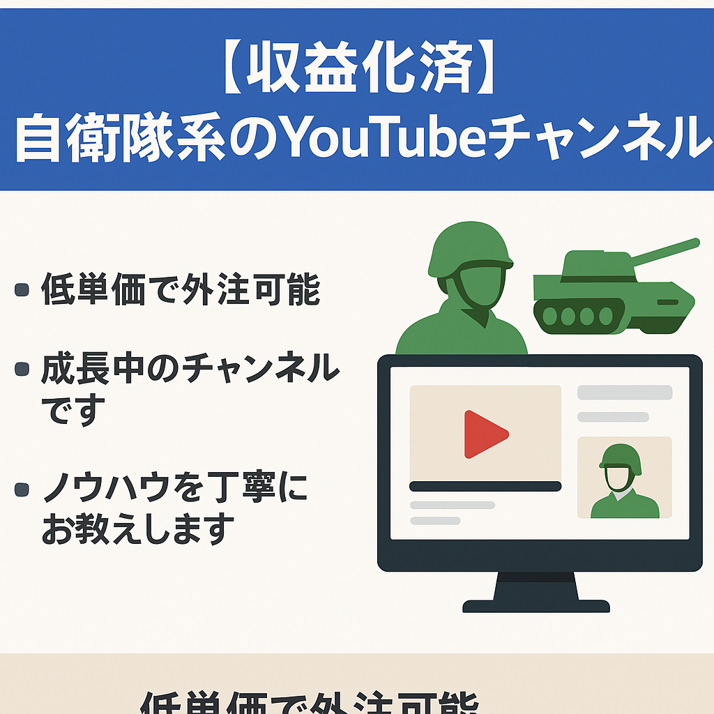 【収益化済】顔出し不要のYou Tubeチャンネル＜登録者１万人以上　自衛隊・防衛産業・日本の技術系＞You Tubeチャンネルのアカウント譲渡【値段交渉歓迎】