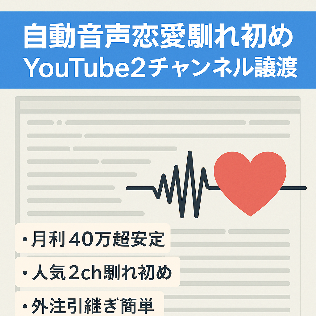 【月利/半年安定して平均40万円越え】自動音声人気の恋愛馴れ初め系YouTube2チャンネル譲渡（外注運営）