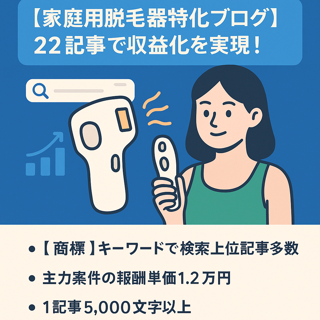 【家庭用脱毛器特化ブログ】22記事で収益化を実現！検索1～5位を獲得した商標キーワード多数！