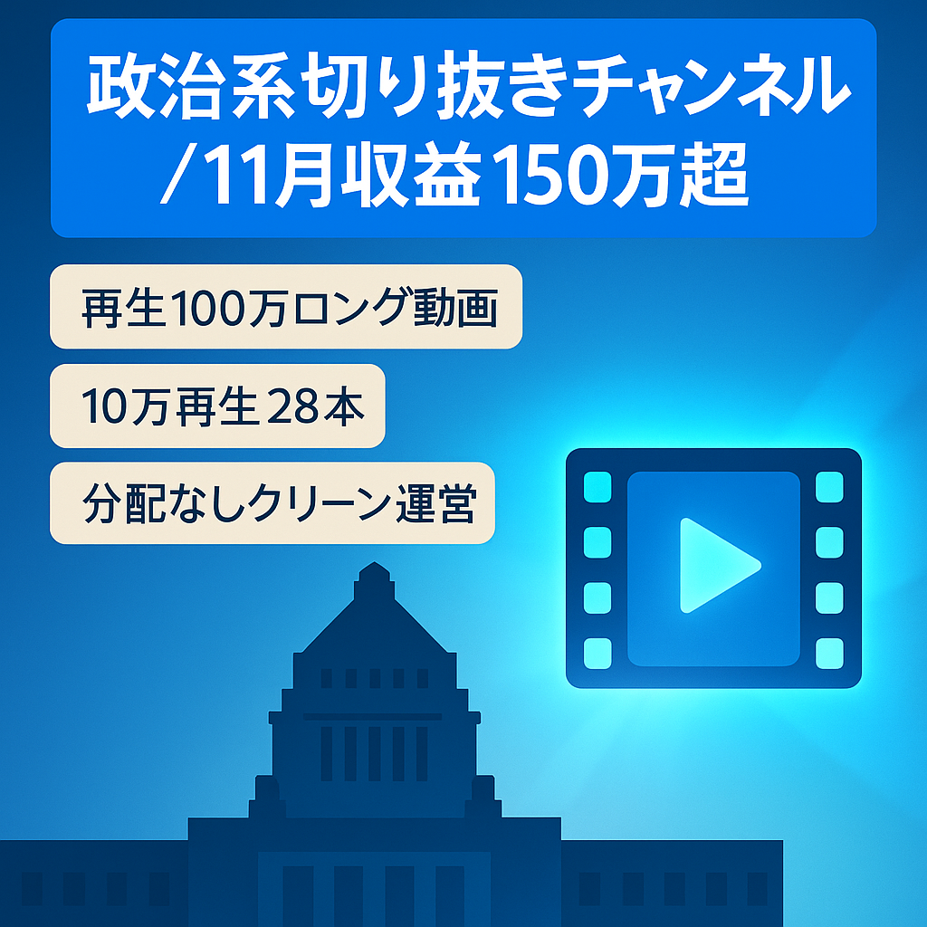 【11月収益150万超！】政治系切り抜きチャンネル/収益分配なし『マニュアル完備』