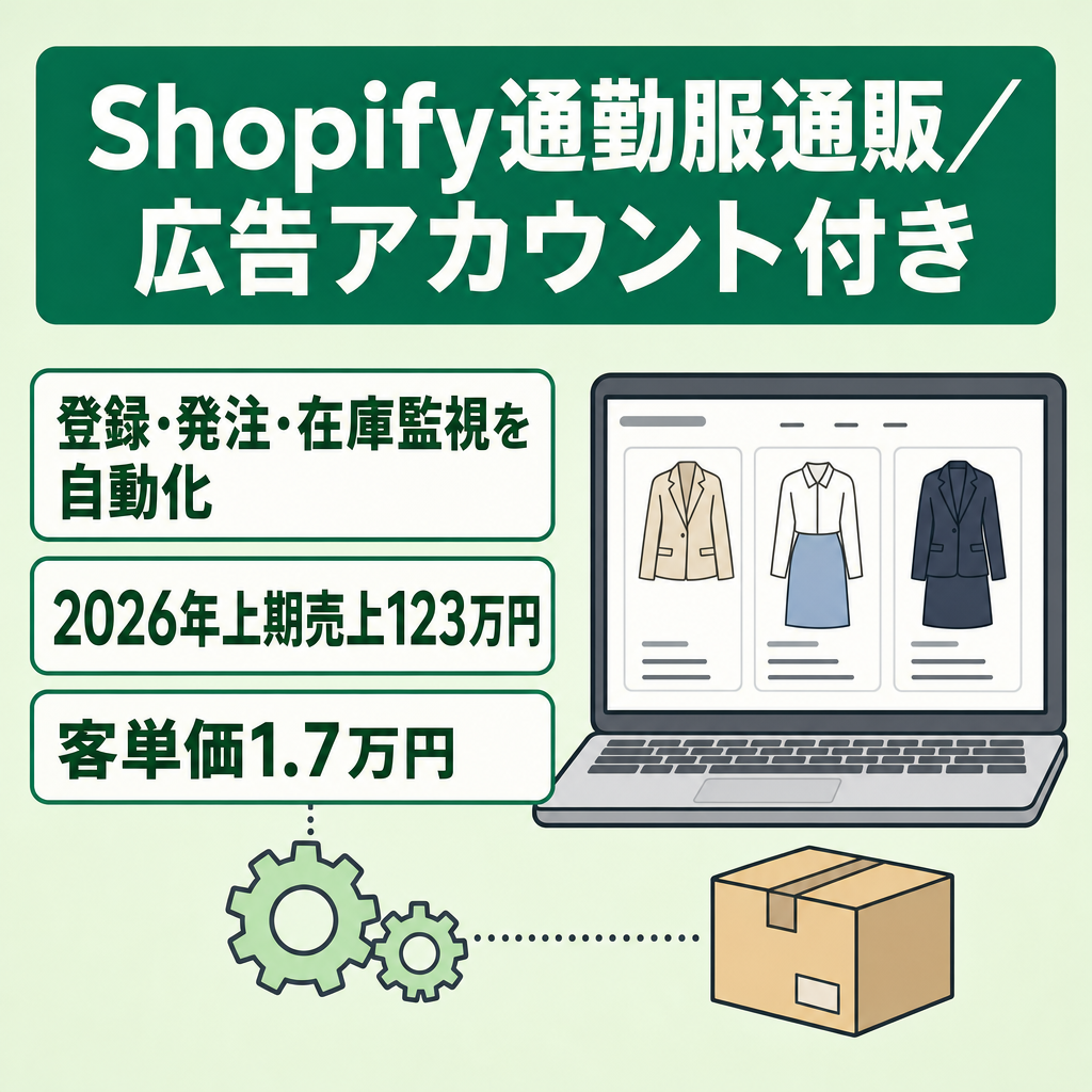 【仕入→登録→発注→在庫監視まで自動化】Shopify通勤服アパレルEC｜運営作業を大幅に削減｜2026年上期売上123万円・広告アカウント付き