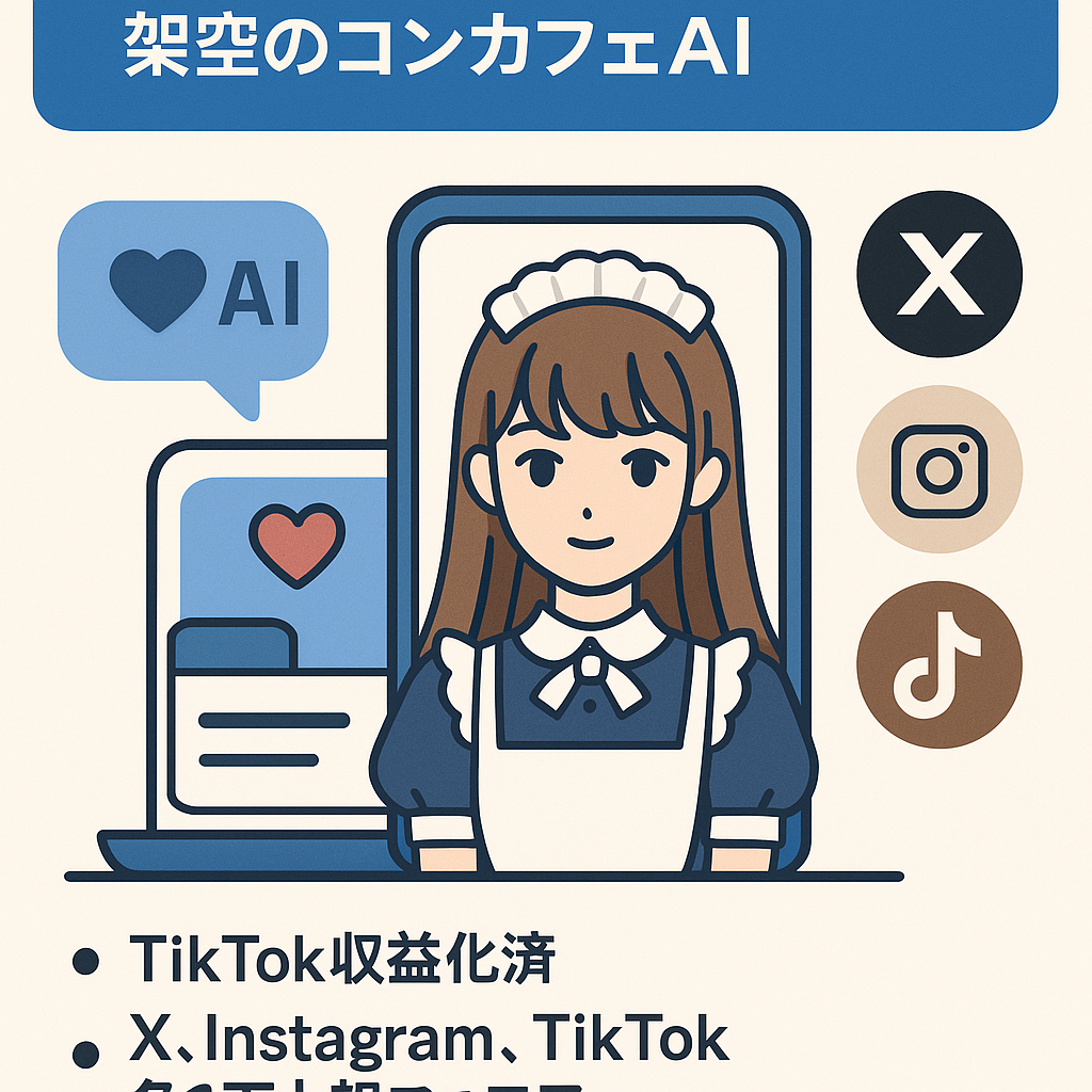 【X(旧Twitter),Instagram,TikTok合計3万人超 Tiktok収益化済】架空のコンカフェAI生成した画像や動画をアップロードで簡単運営