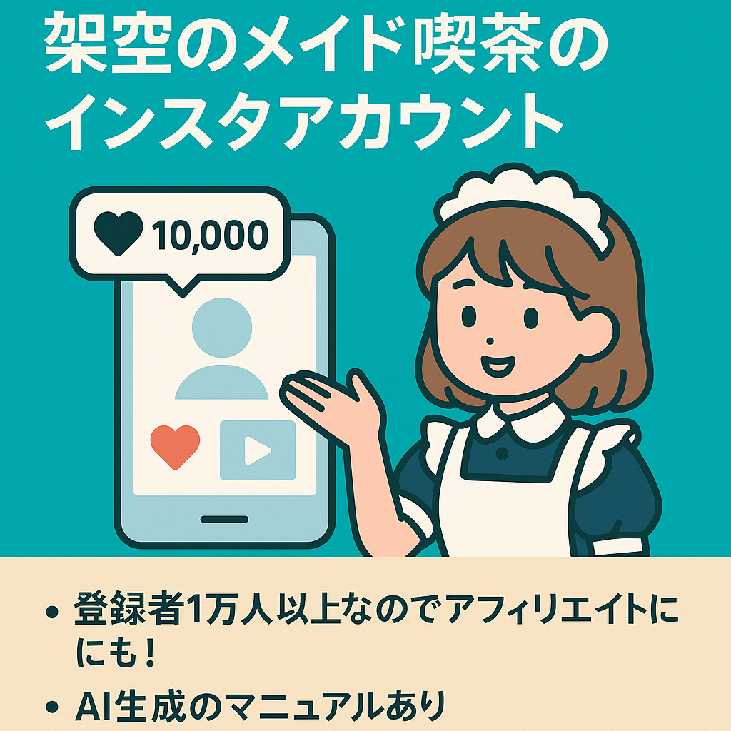 【登録者1万人以上】。アフィリエイトにも！架空のメイド喫茶のインスタアカウント。AI生成した画像や動画をアップロードするだけ