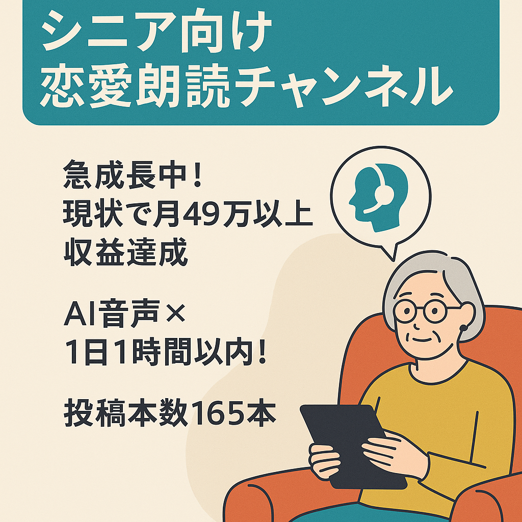 【収益月50万達成】500万に緊急値下げ/急成長×高単価×1日1時間のシニア向け恋愛朗読チャンネル