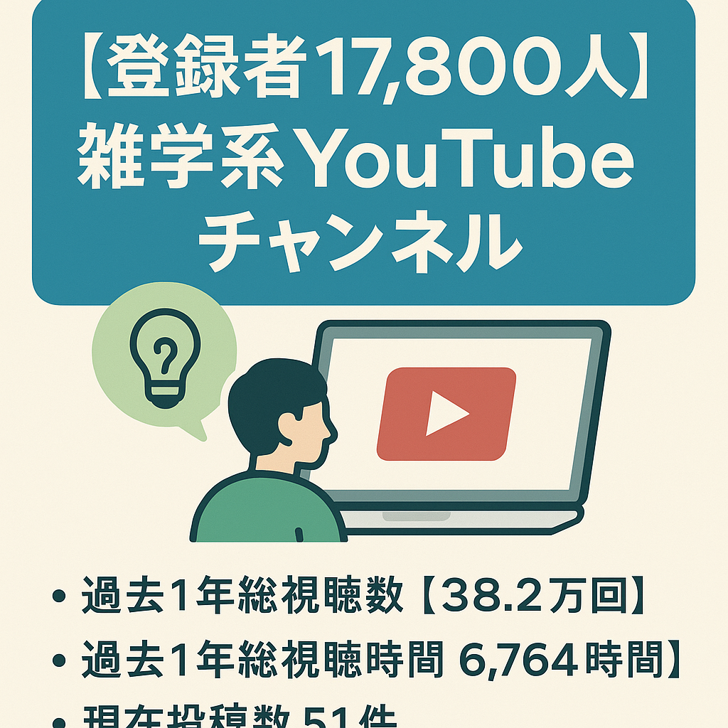 訳あり：【登録者17,800人】Youtubeチャンネル【過去１年視聴回数38.2万回/総再生時間6,764時間】【雑学系】