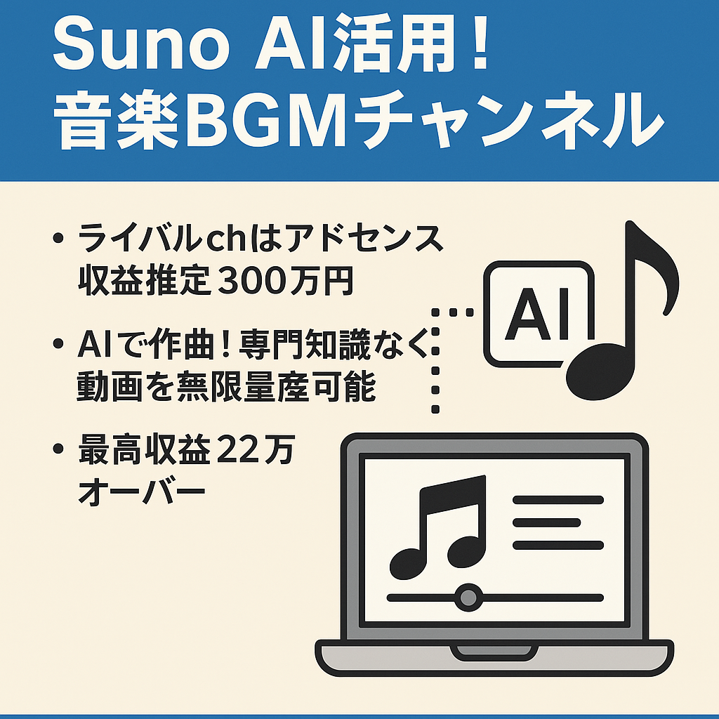 【最高収益22万円達成】Suno AI活用！音楽BGMチャンネル。動画量産可能で手間いらず『非属人』