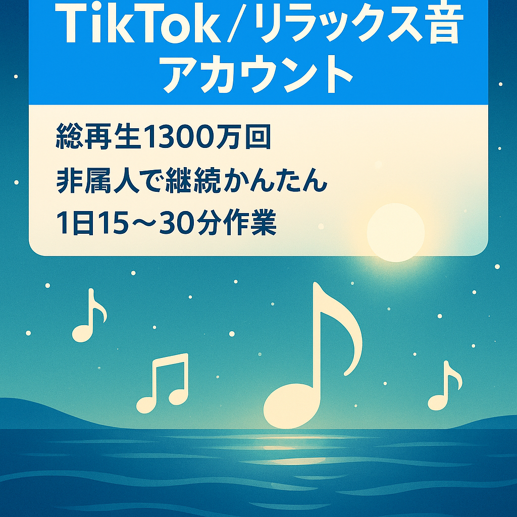【早い者勝ち】1日15分〜30分作業でOK!総再生数1300万！TikTok2.6万人！属人性なし！リラックス音系アカウント