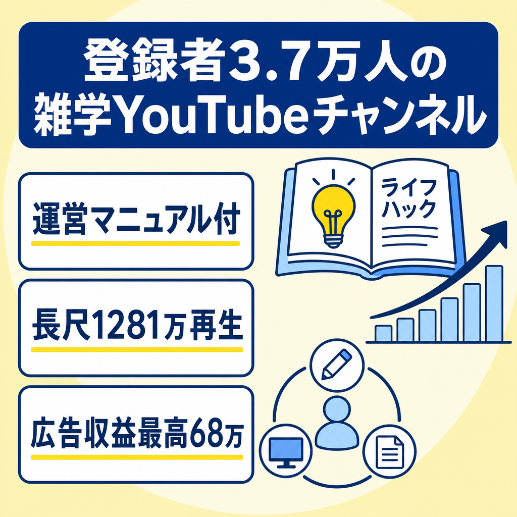 【運営マニュアル付き】非属人YouTube登録者3.7万人/長尺総再生数1281万再生/アドセンス最高68万円/外注体制あり/いらすとやライフハック雑学